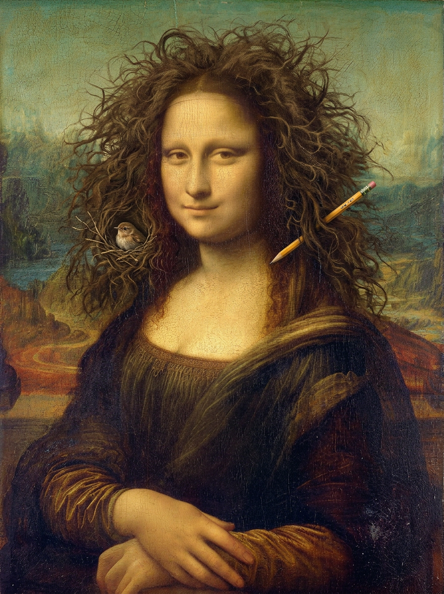 Mona Lisa with comically messy hair, a tiny bird's nest, and a pencil tucked in